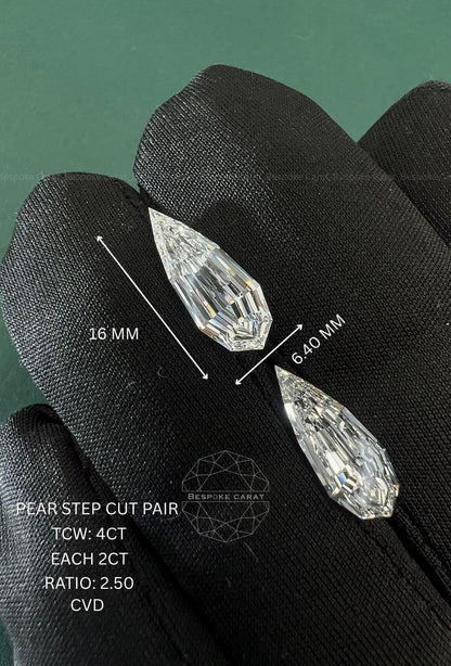 Pear Step Cut Lab Grown Diamond Matching Pair 4ct