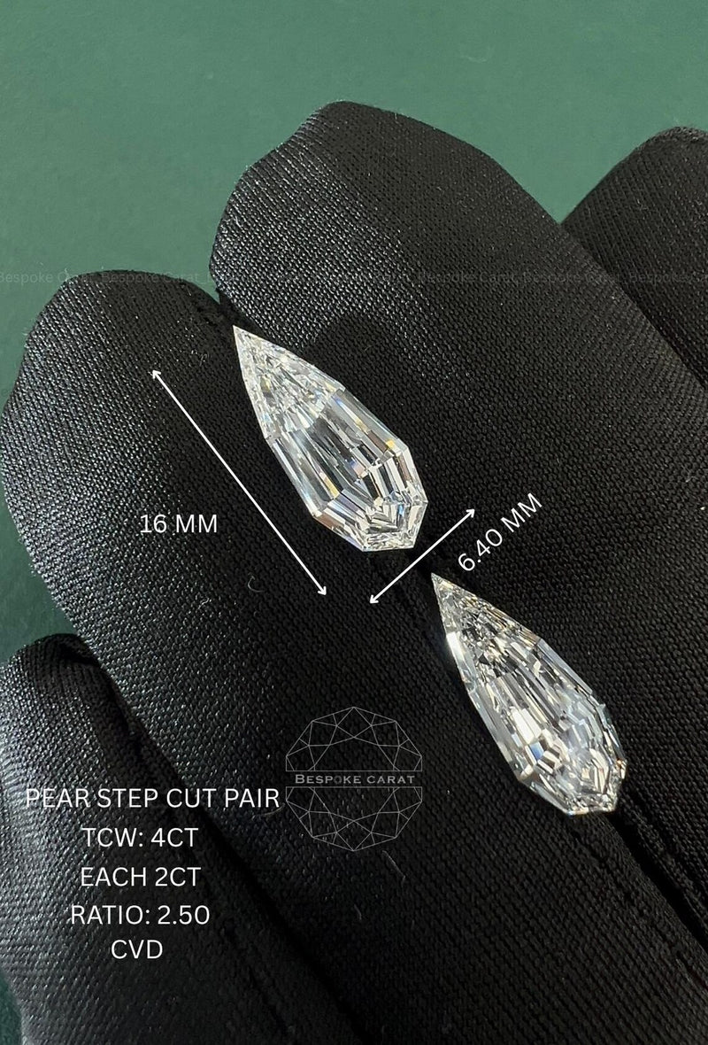 Pear Step Cut Lab Grown Diamond Matching Pair 4ct